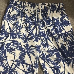 Blue and White Palm Tree Print Swim Trunks